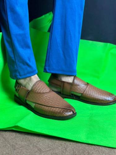 Elegant Men's Brown Textured PU Leather Peshawari Chappal - Formal & F