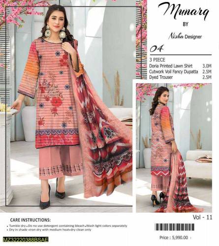  3 Pcs Women's Unstitched Lawn Embroidered Suit
