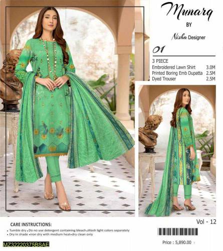  3 Pcs Women's Unstitched Lawn Embroidered Suit
