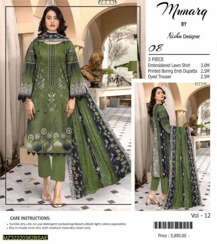  3 Pcs Women's Unstitched Lawn Embroidered Suit