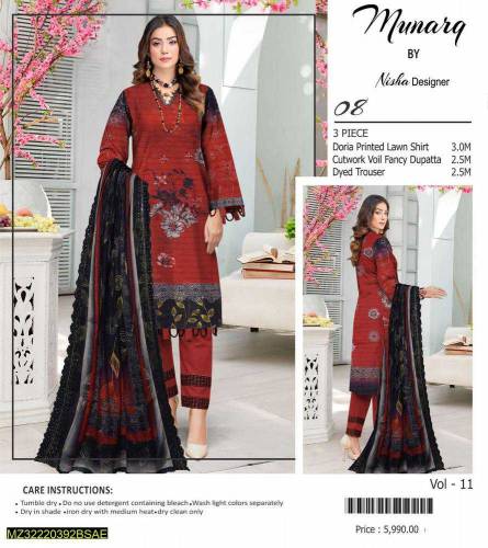  3 Pcs Women's Unstitched Lawn Embroidered Suit