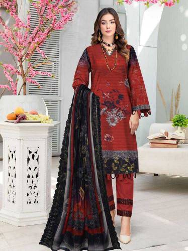  3 Pcs Women's Unstitched Lawn Embroidered Suit