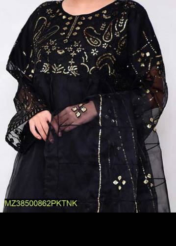 : 3 Pcs Women's Stitched Fancy Organza Embroidered Suit*