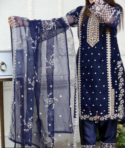 3 Pcs women stitched Organza Embroidered suit