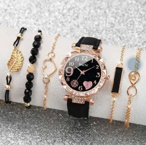 6PCS/Set Women's Watches Fashion Rhinestone Heart Dial Leather Band Qu