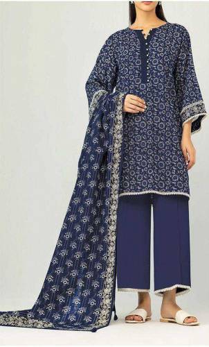 stunning 3 PCs printed dobbey lawn suite in blue: