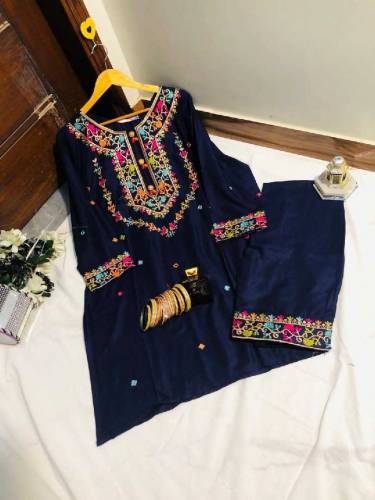 2 piece linen Embroidered with mirror stitch suit