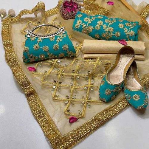 Fancy wear unstitched dress 5pc (shirt trouser Dupatta purse khussa)