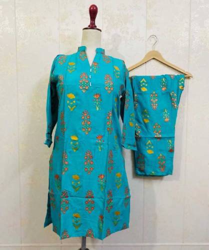  2 Pcs Women's Stitched Linen Block Printed Suit