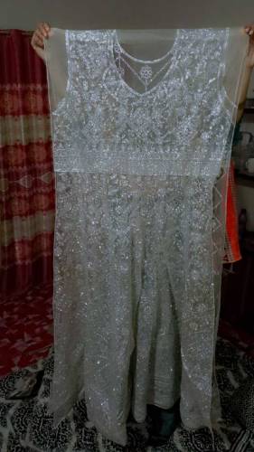 Maxi full embroidery unsitched long with jewellery new and sandle new