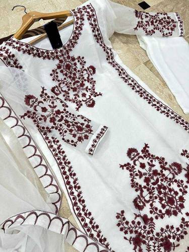  3 Pcs Women's Stitched Organza Embroidered Suit