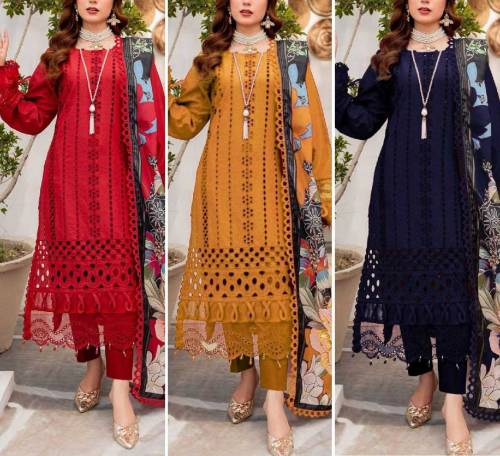 3 Pcs Woman's Unstitched Chikankari Embroidered Suit 