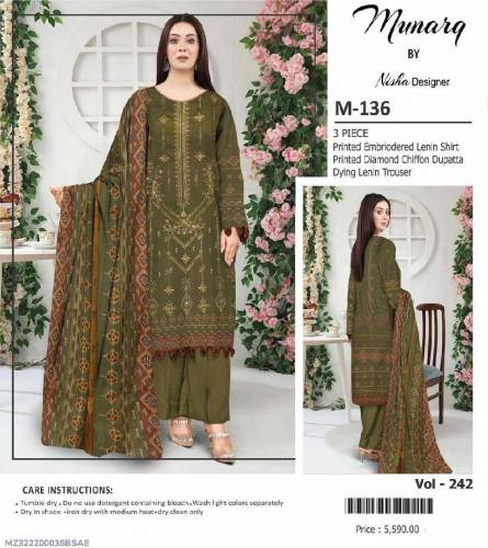  3 Pcs Women's Unstitched Lawn Embroidered Suit